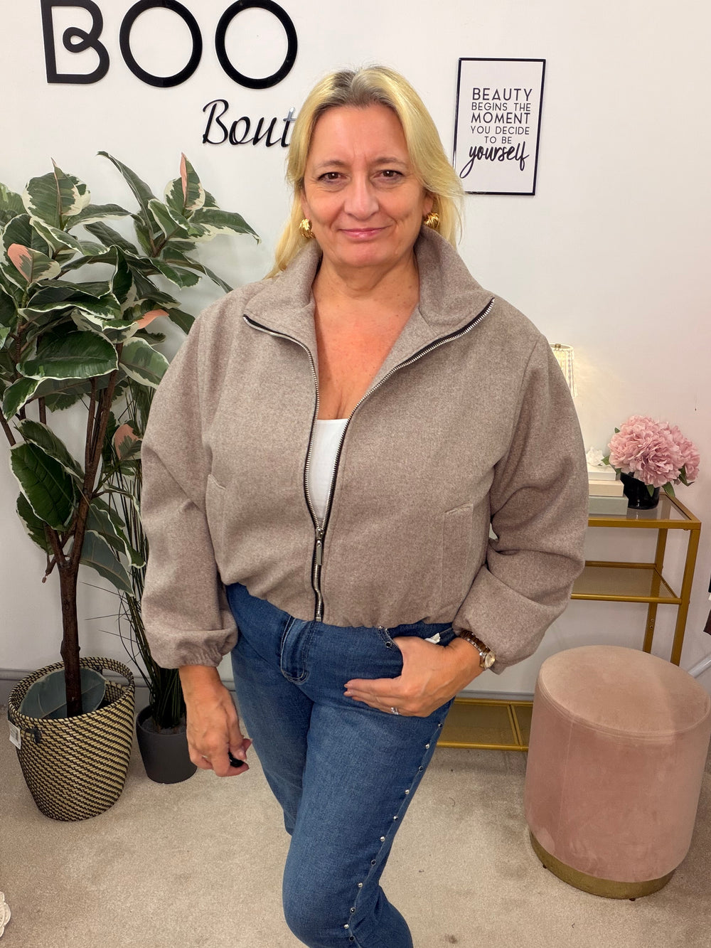 Ladies Fashion Felt Bomber Jacket - Mocha & Brown