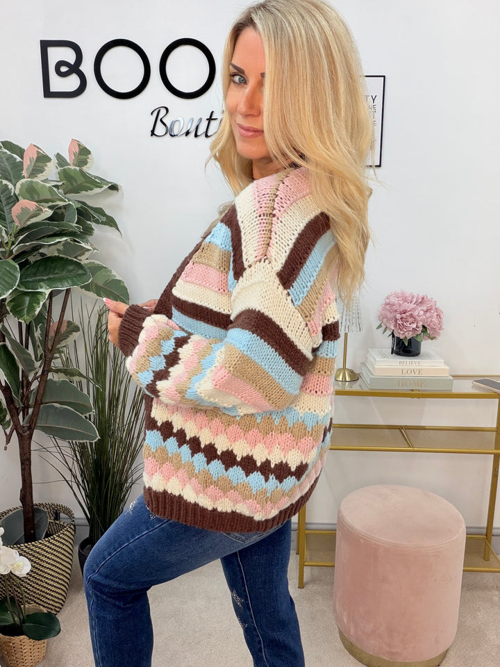 Ladies Fashion Beige Brown Blue Pink Stripe Chunky Knit Cardigan