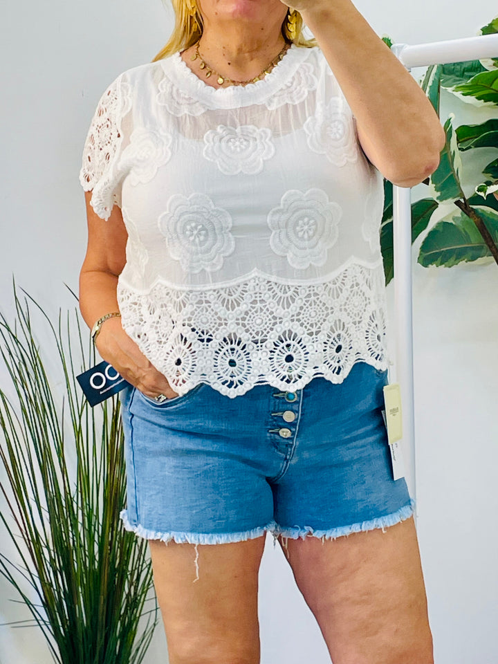 LADIES BLUE DENIM BUTTON FLY SHORTS