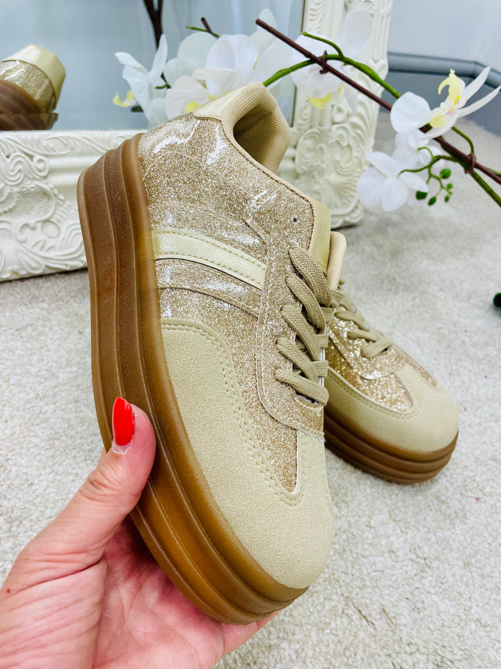 GOLD GLITTER FLATFORM TRAINERS ( LT33 )