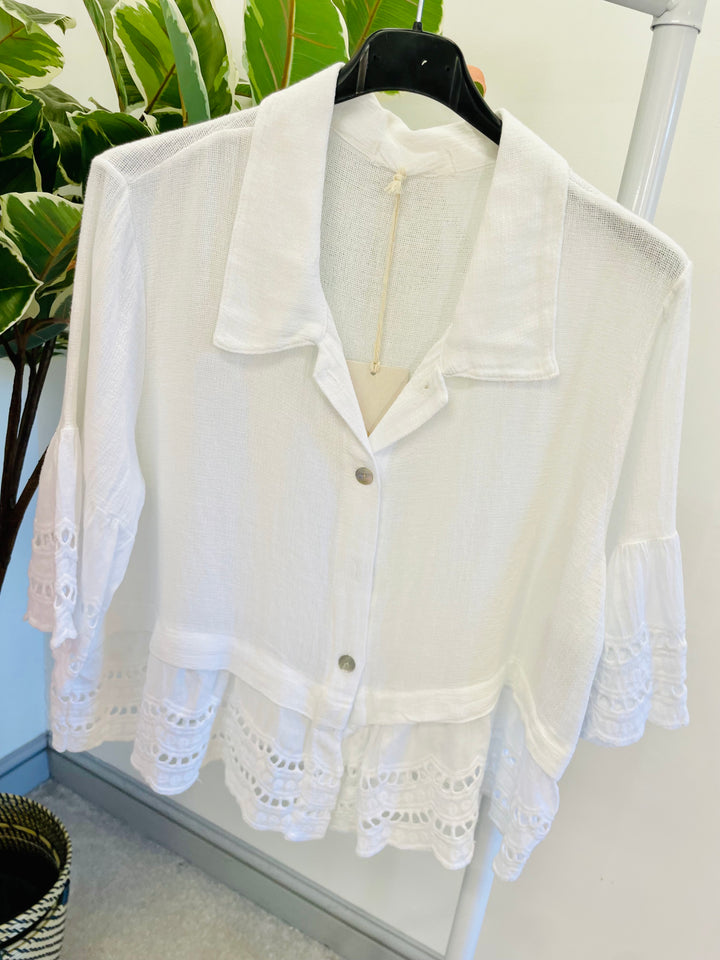 LADIES WOMENS TEA BAG LINEN BRODERIE ANGLAISE TOP - WHITE, PINK, BLUE, YELLOW, BEIGE