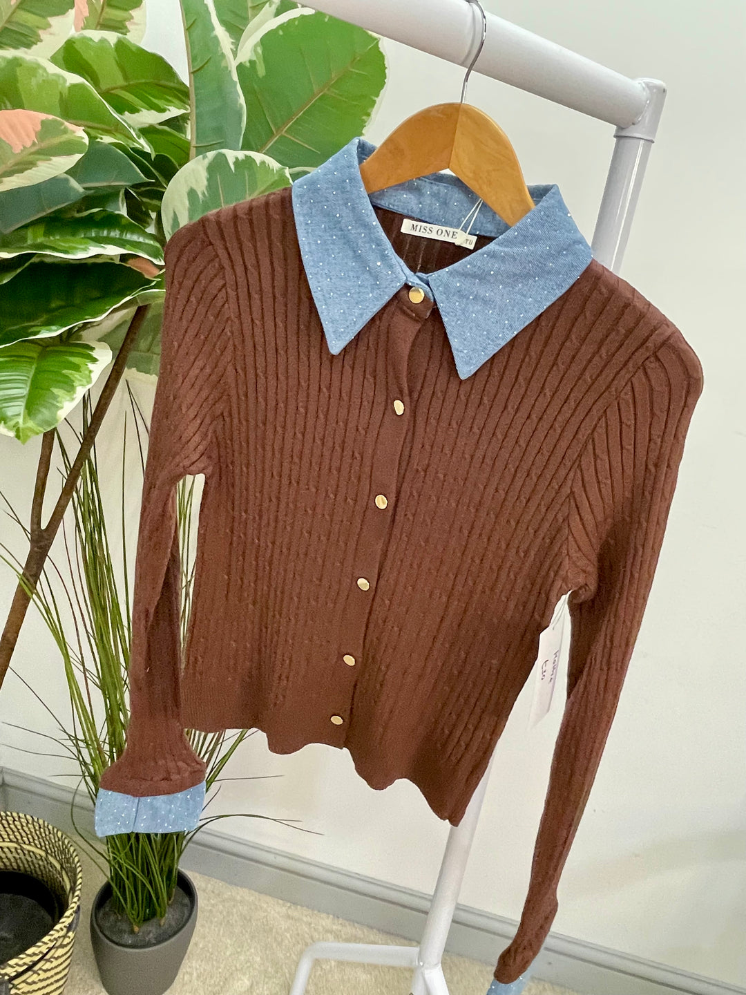 LADIES PETITE SLIM FIT RIB KNIT CARDIGAN JUMPER - BROWN AND CREAM