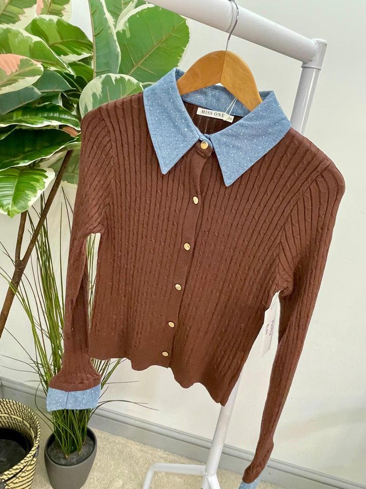 LADIES PETITE SLIM FIT RIB KNIT CARDIGAN JUMPER - BROWN AND CREAM