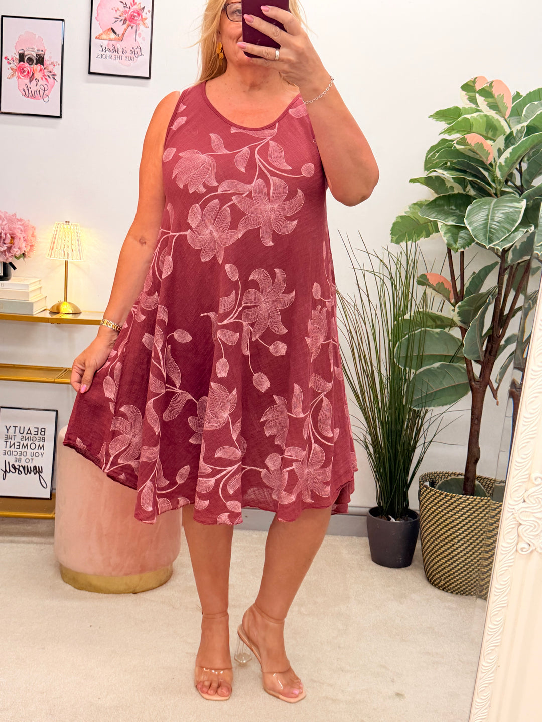 Ladies Light Linen Summer Day Midi Dress - White & Burgundy