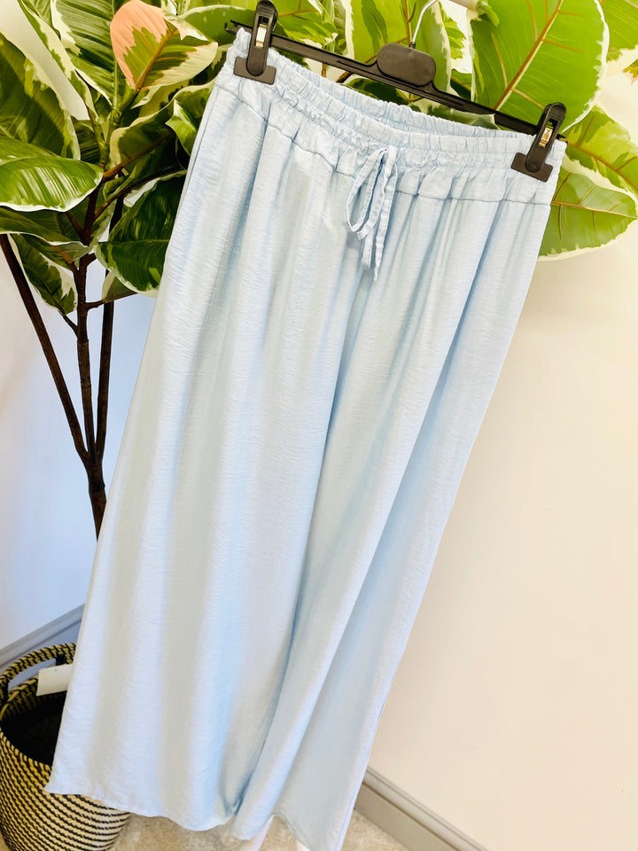 LADIES WOMENS WIDE LEG PALAZZO TROUSERS - BLACK, KHAKI, WHITE, PINK, BLUE & NAVY