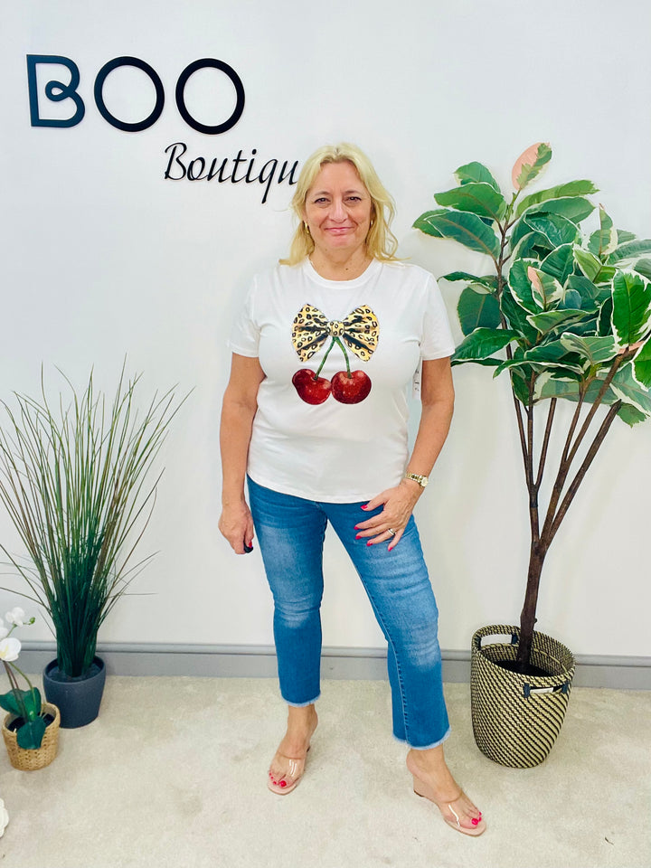 LADIES WHITE T SHIRT WITH DIAMANTE CHERRY LOGO