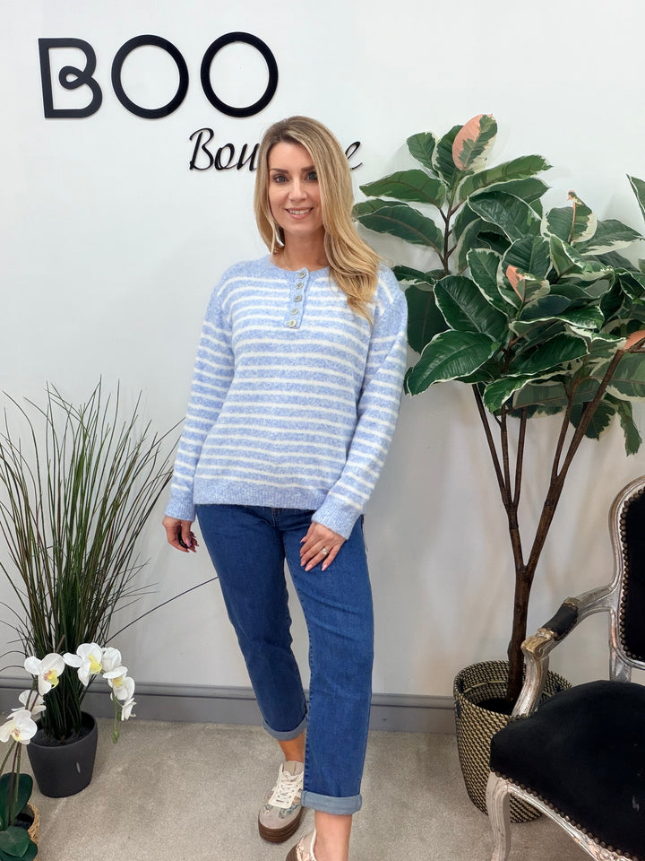 LADIES SOFT KNIT STRIPE GRANDAD JUMPER - LEMON, PINK, BLUE & BEIGE