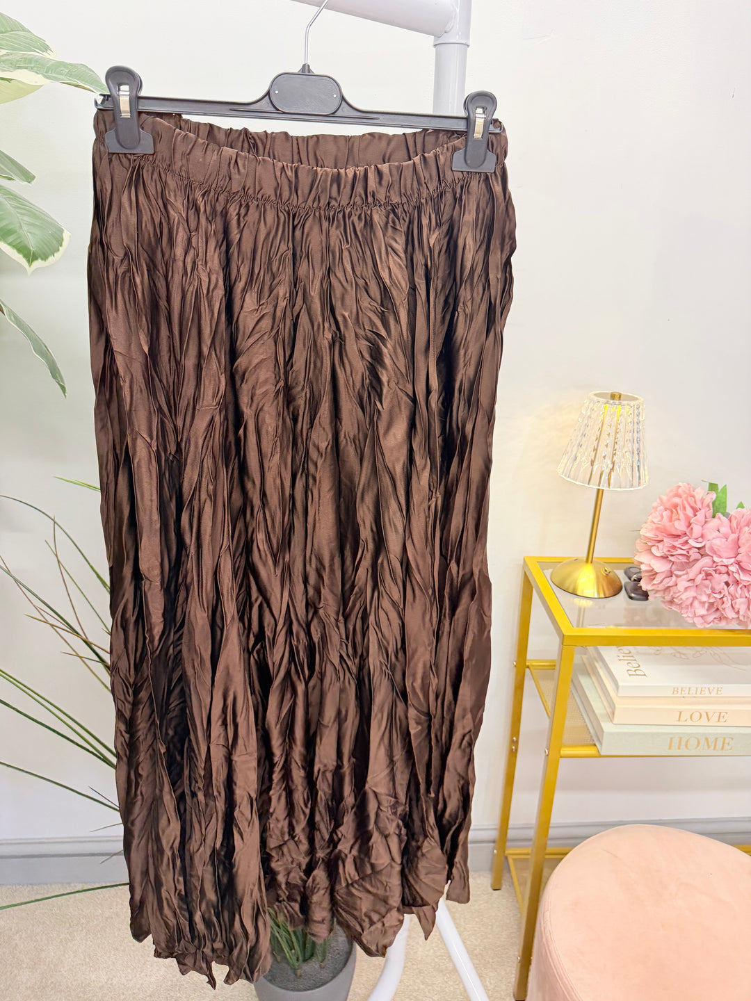 Ladies Fashion Satin Crinkle Maxi Skirt - Black, Navy, Brown, Khaki & Lime