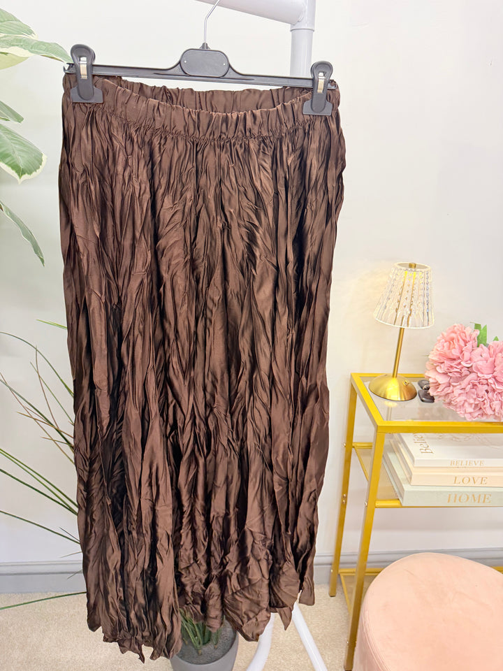Ladies Fashion Satin Crinkle Maxi Skirt - Black, Navy, Brown, Khaki & Lime