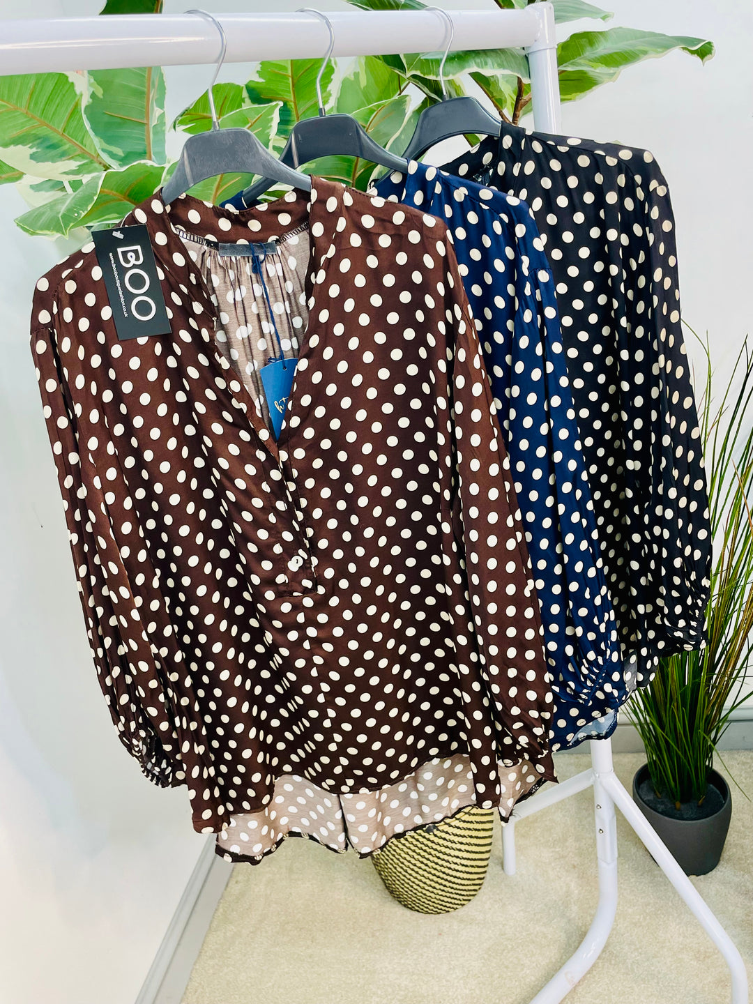 LADIES POLKA DOT SATIN BLOUSE SHIRT - NAVY, BROWN & BLACK