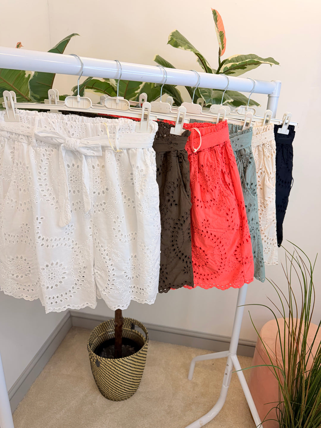 Ladies Broderie Anglaise Cotton Shorts - Brown, White, Coral, Khaki, Black & Beige