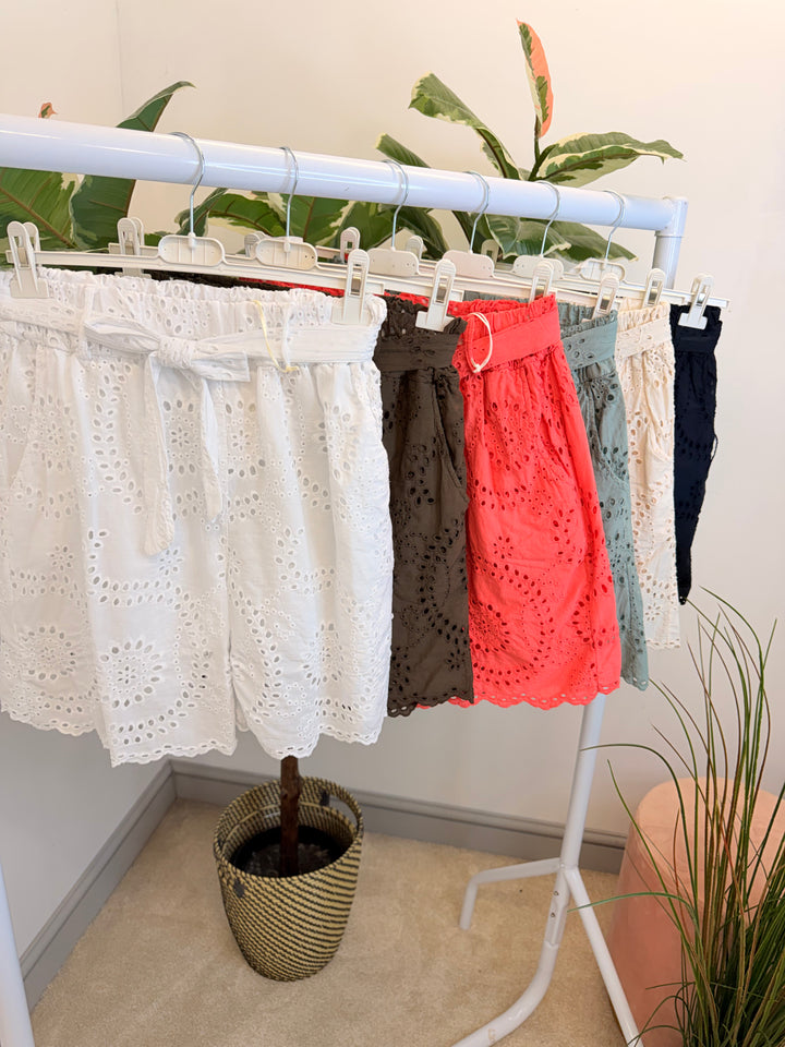 Ladies Broderie Anglaise Cotton Shorts - Brown, White, Coral, Khaki, Black & Beige