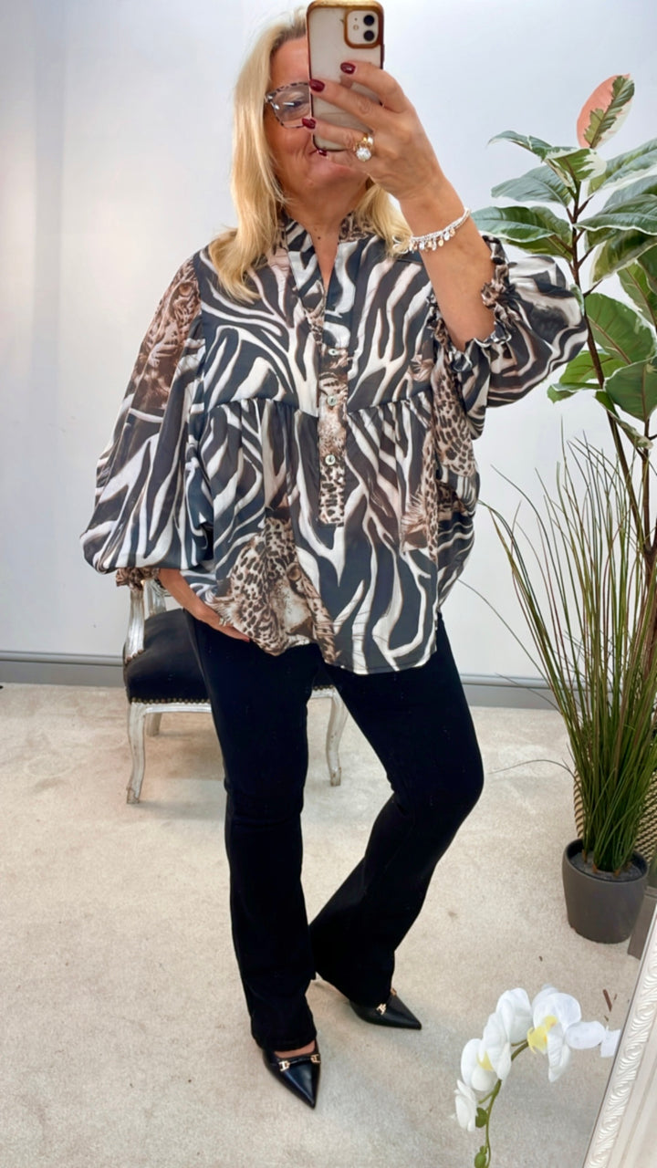 LADIES ZEBRA & LEOPARD PRINT LOOSE FIT BLOUSE TOP - BURGUNDY, BLACK & BEIGE