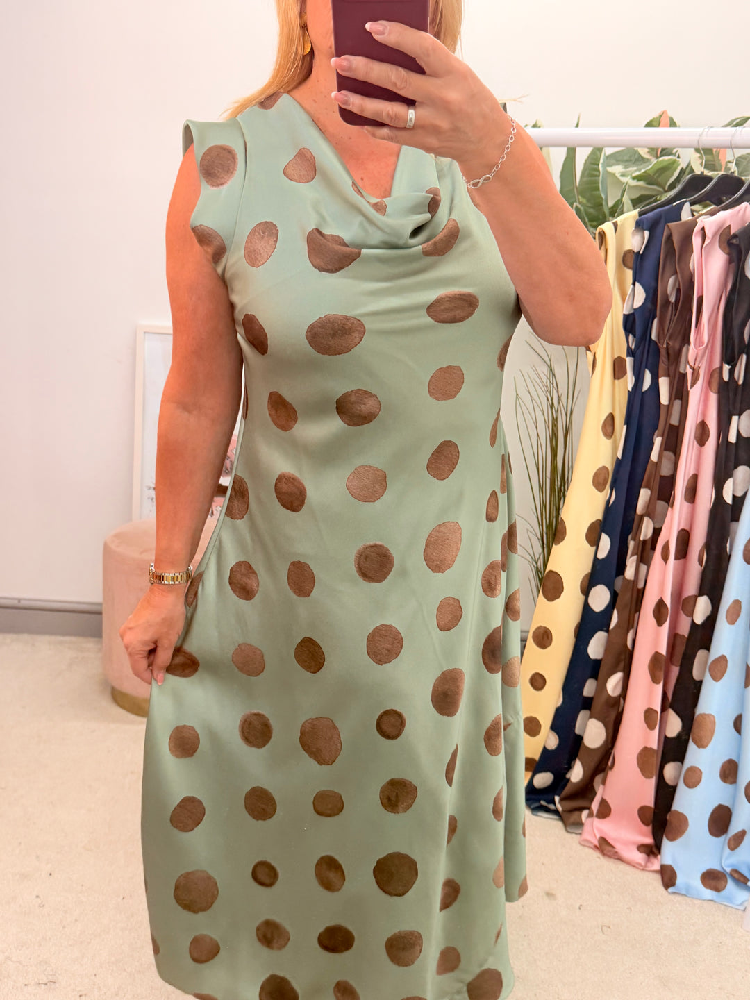 Ladies Satin Polka Dot Sheath Dress - Lemon, Black, Pink, Khaki, Navy, Black & Blue