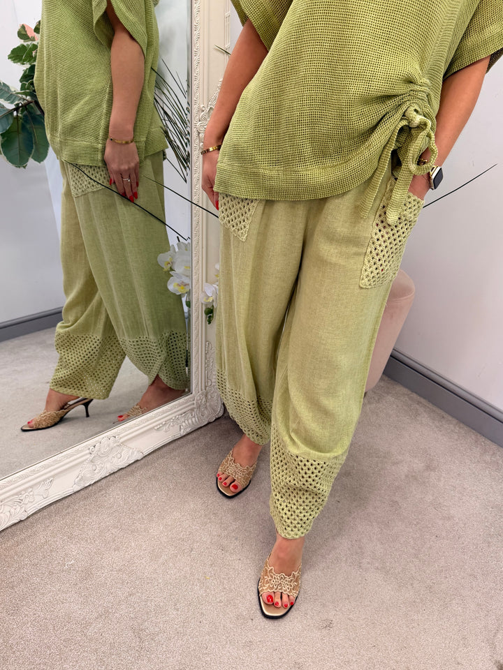 Ladies Crochet Pocket Harem Teabag Linen Trousers pistachio lime green
