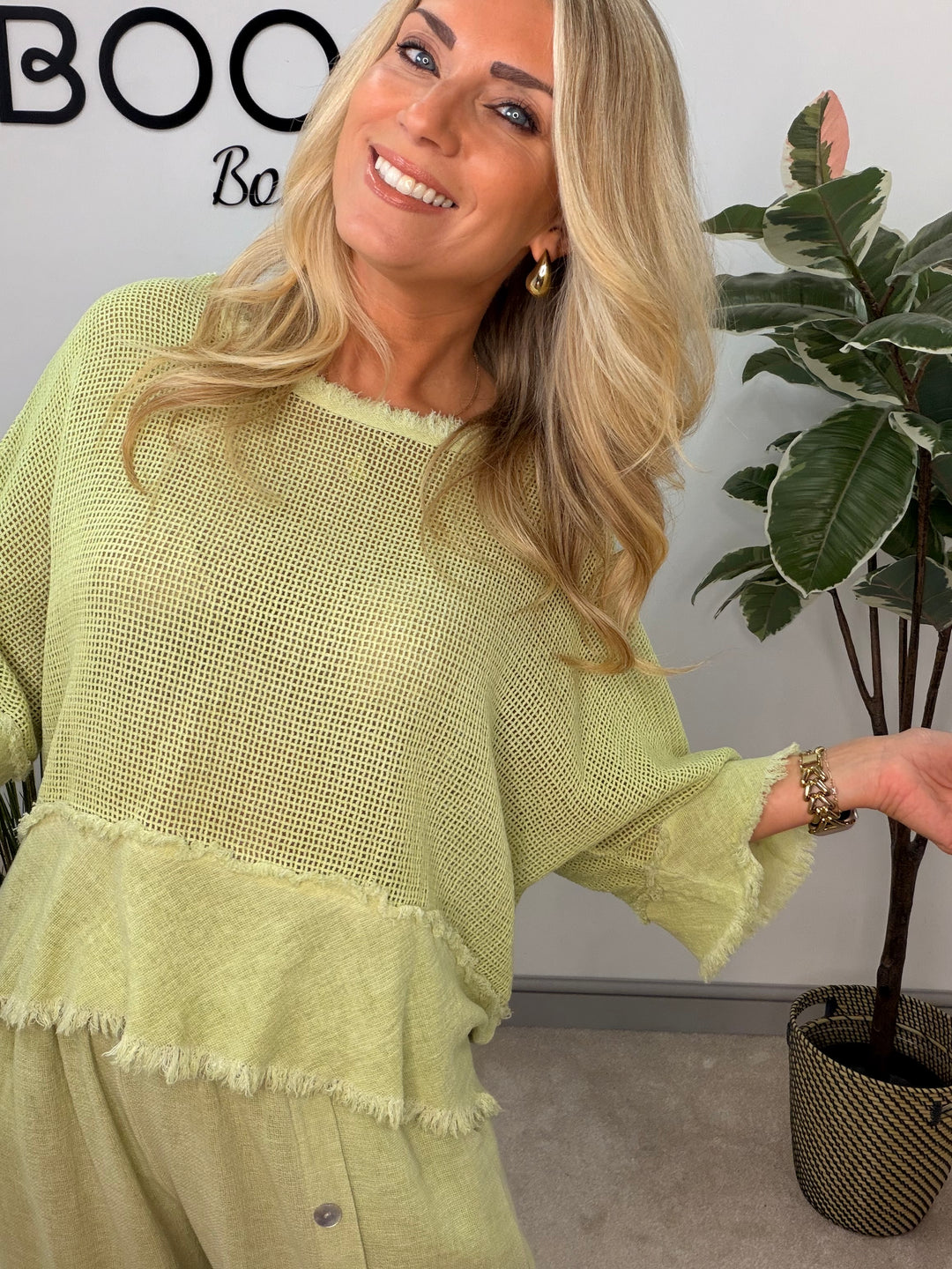 Ladies Tea Bag Linen Top lime