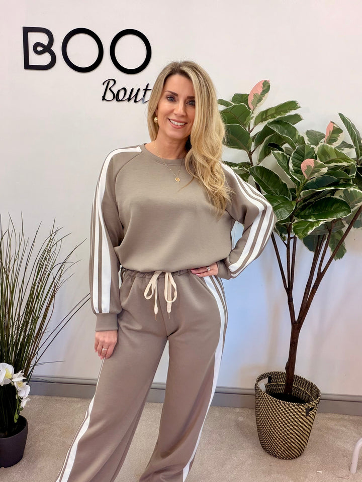 Ladies Fashion Wide Leg Tracksuit co ord set taupe