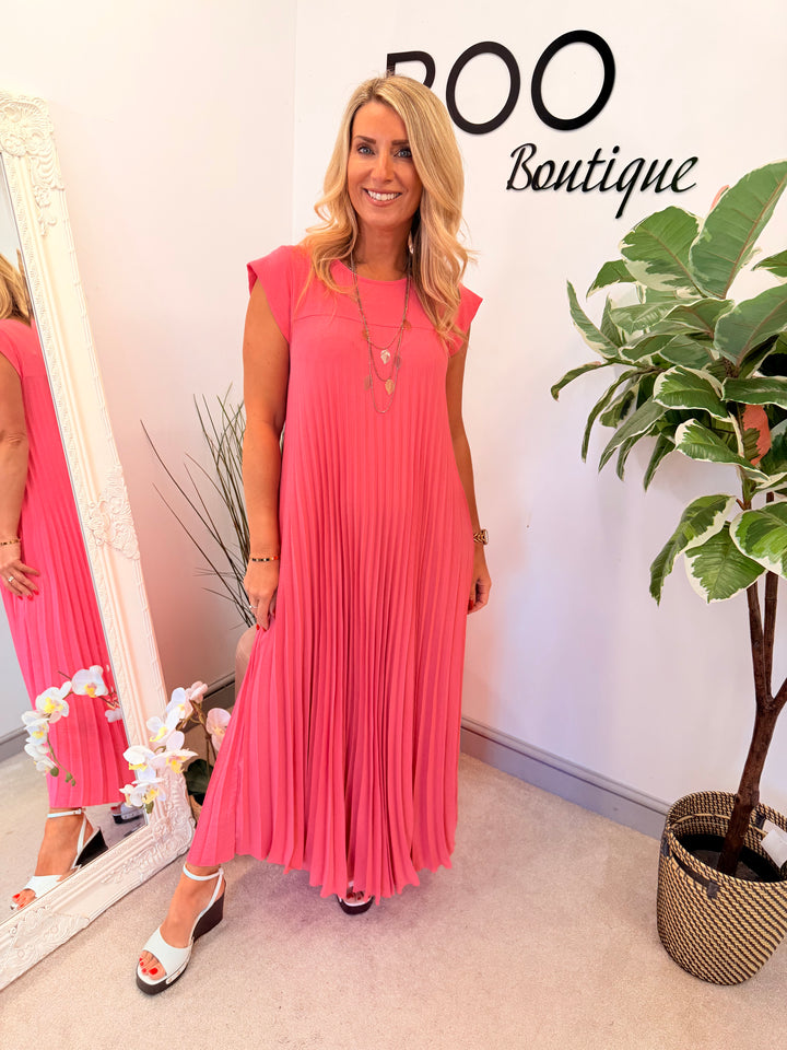 Ladies Fashion Pleated Maxi Dress - Black, Navy, Red, Lemon, Pink, Raspberry