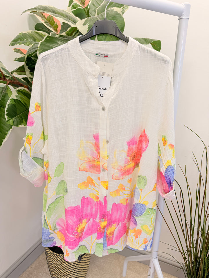 Ladies Fashion White Flower Print Light Linen Shirt Top