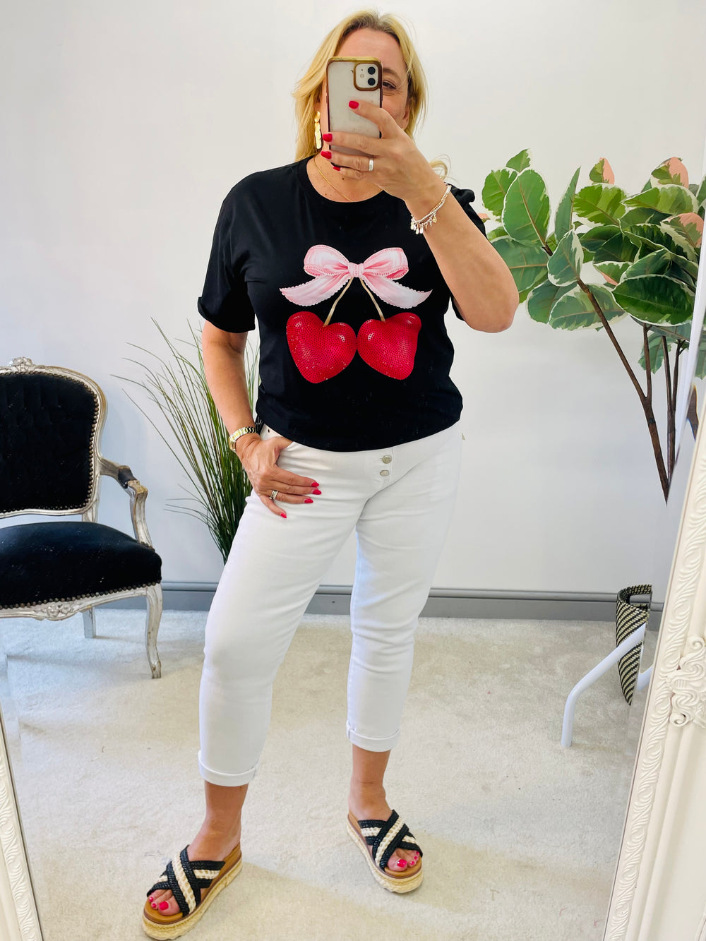 LADIES BLACK CHERRY LOGO DIAMANTE T TEE SHIRT