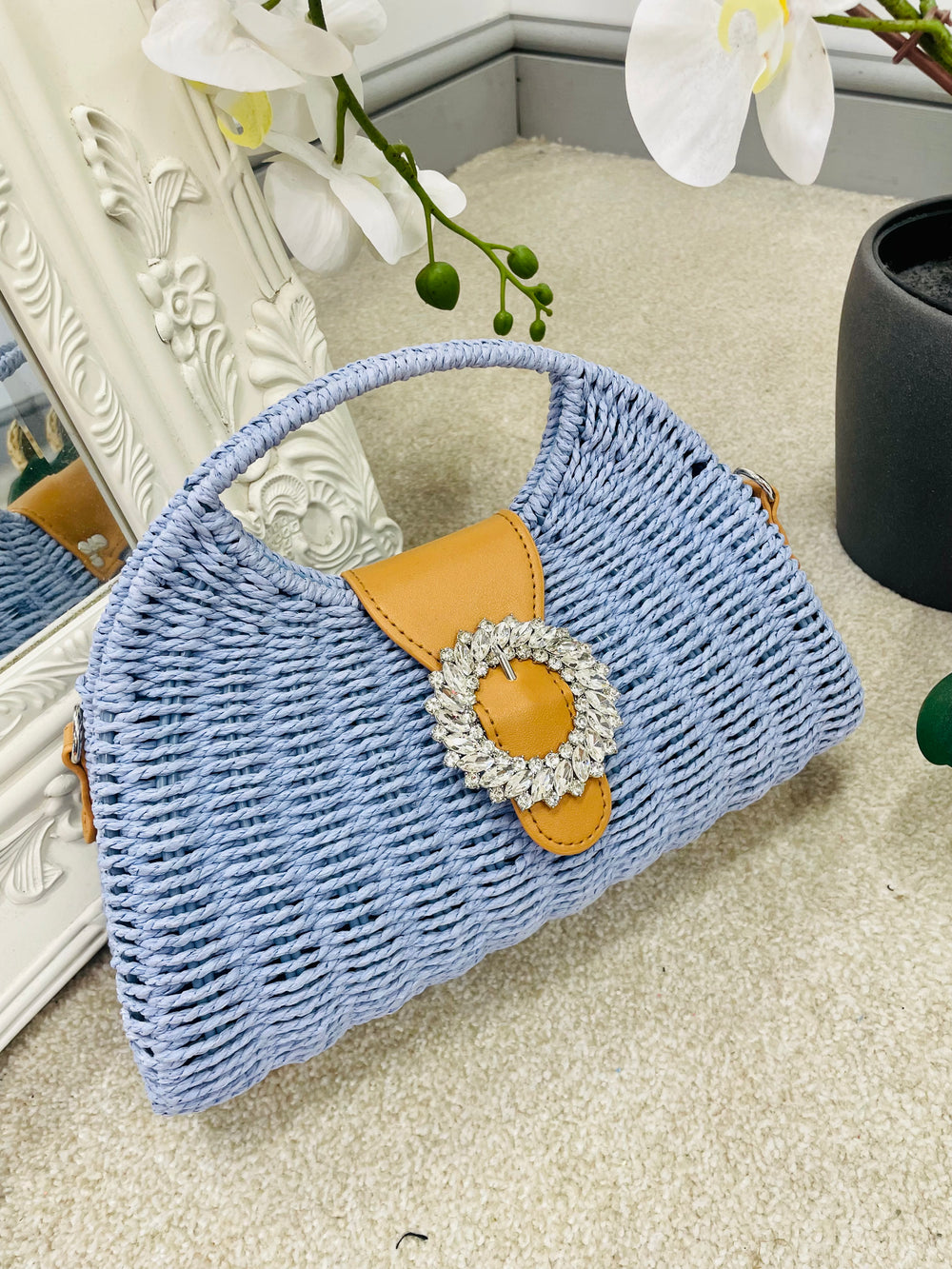 LADIES WOMENS CORNFLOWER BLUE RAFFIA DIAMANTE CLUTCH HOLIDAY SUMMER BAG