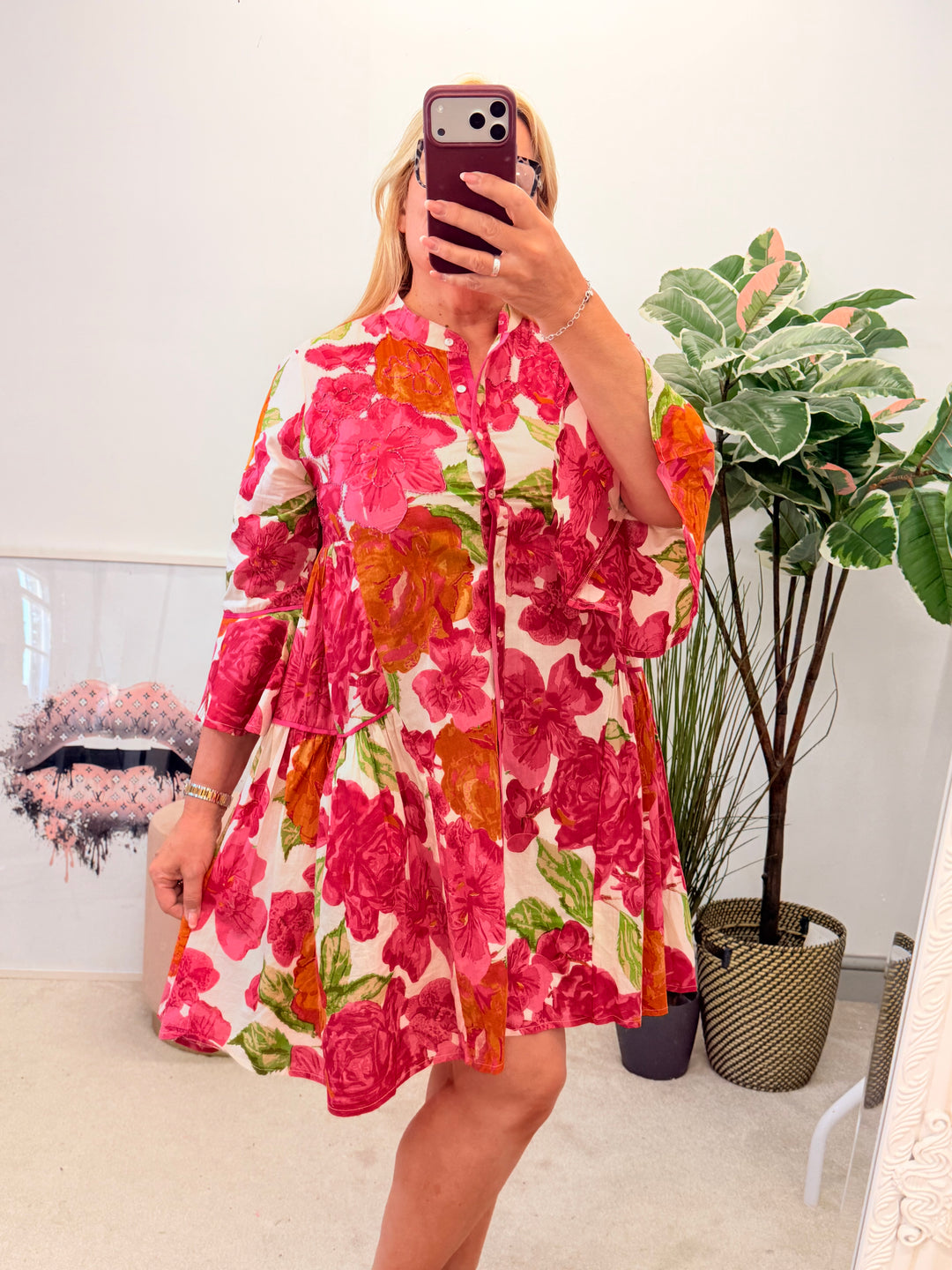 Ladies Pink Flower Print Swing Smock Summer Mini Dress