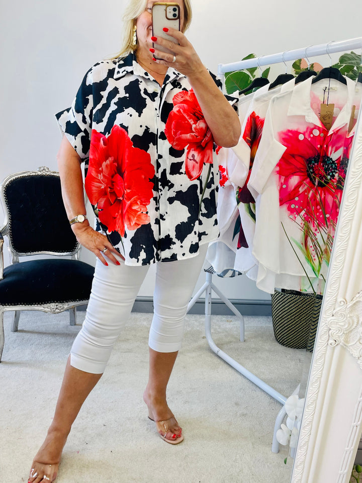 LADIES CREAM LINEN & RED POPPY PRINT OVERSIZE SUMMER SHIRT TOP