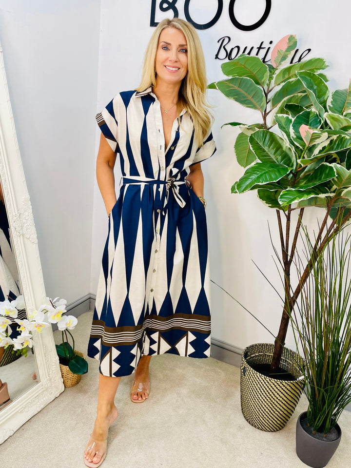 LADIES AZTEC PRINT SUMMER SHIRT SMART DRESS - NAVY & KHAKI