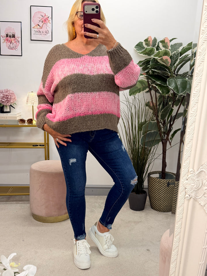 Ladies Fashion Stripe Slouch Chunky Knit Jumper - Mocha, Grey & Beige