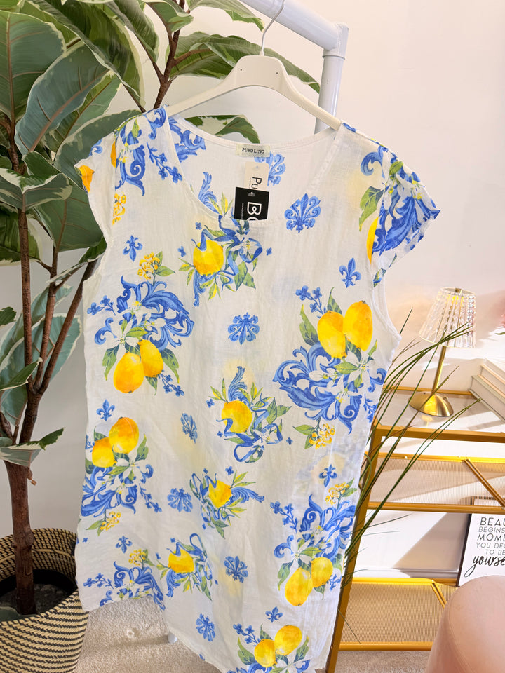 Ladies Linen Lemon Print Shift Summer Dress - Lemon, White & Blue