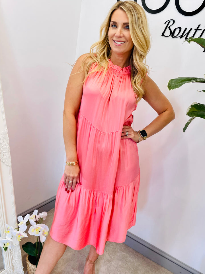 LADIES SATIN TIERED SUMMER MIDI DRESS = BURGUNDY, BLACK,, LEMON, PINK, KHAKI, CORAL