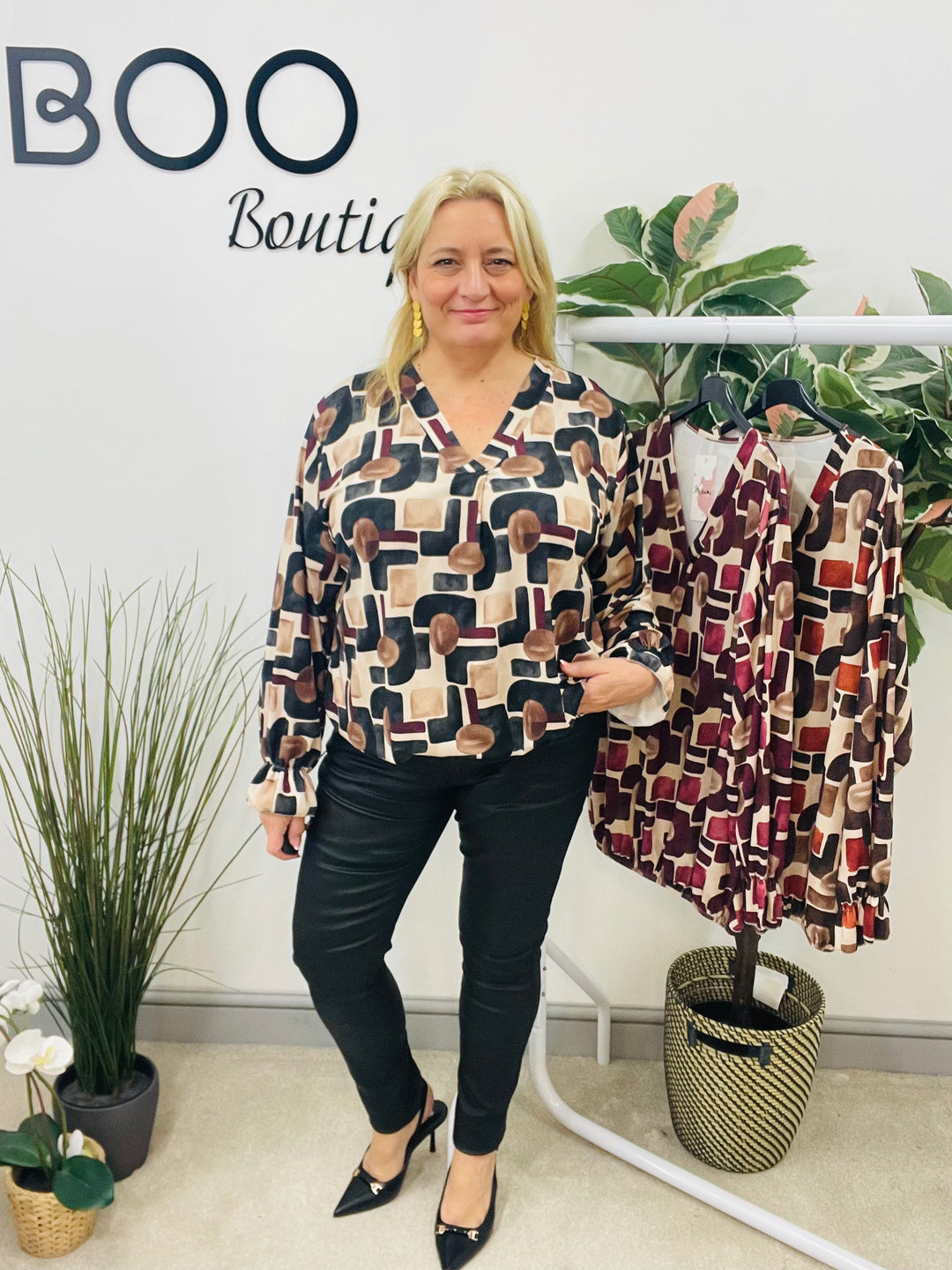LADIES RETRO PRINT TOP BLOUSE - BLACK, BROWN, BURGUNDY