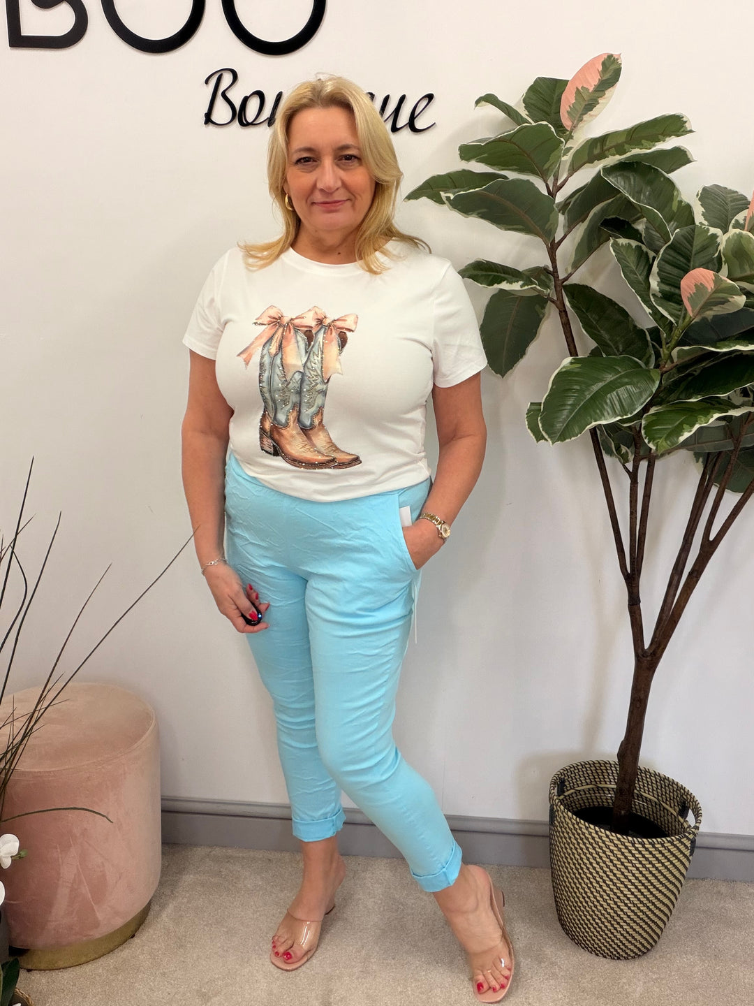 Ladies Fashion Stretch White T Shirt with cowboy boot logo