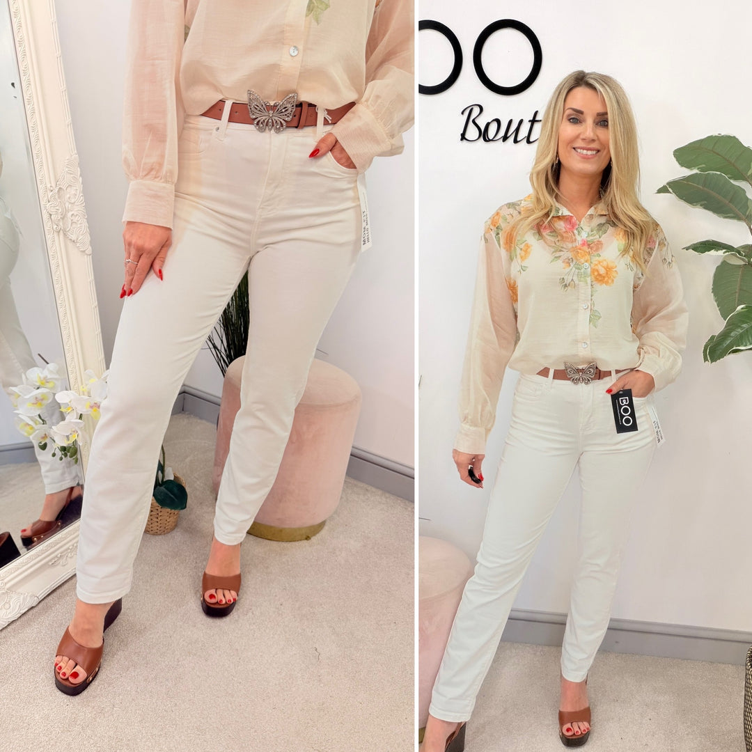 Ladies Fashion White Mom Fit  Stretch Jeans