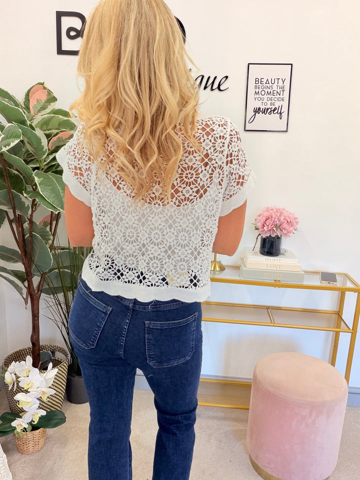 Ladies White Summer Short Sleeve Crochet Cardigan