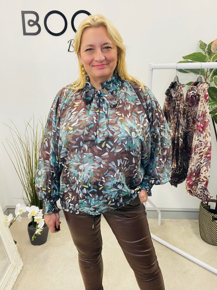 LADIES LEAF PRINT HIGH NECK BLOUSE - BEIGE, BROWN, TEAL