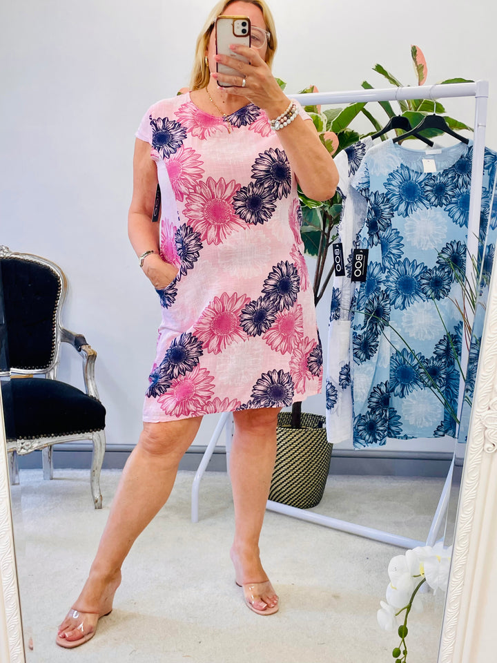 LADIES COTTON SUMMER SHIFT DAY DRESS - WHITE, PINK, BLUE