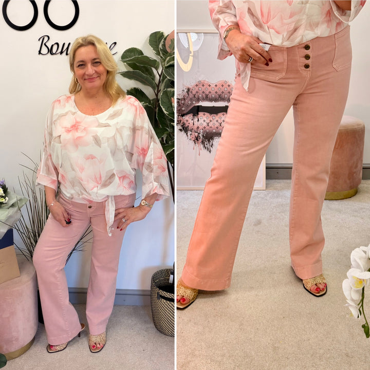 Ladies Fashion Pink Wide Leg Button Fly Jeans