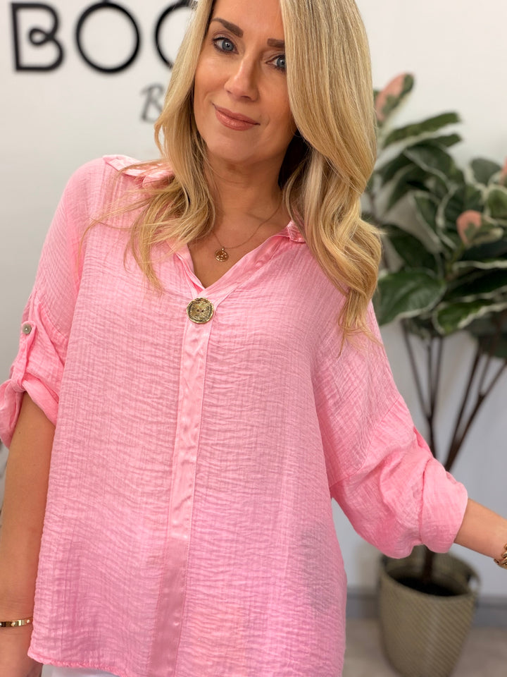 Ladies Fashion Grandad Style Top Blouse - Pink, Lemon, White & Blue