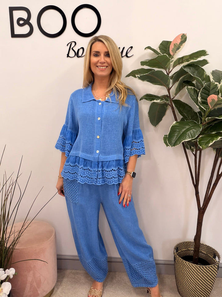 Ladies Crochet Pocket Harem Teabag Linen Trousers royal blue