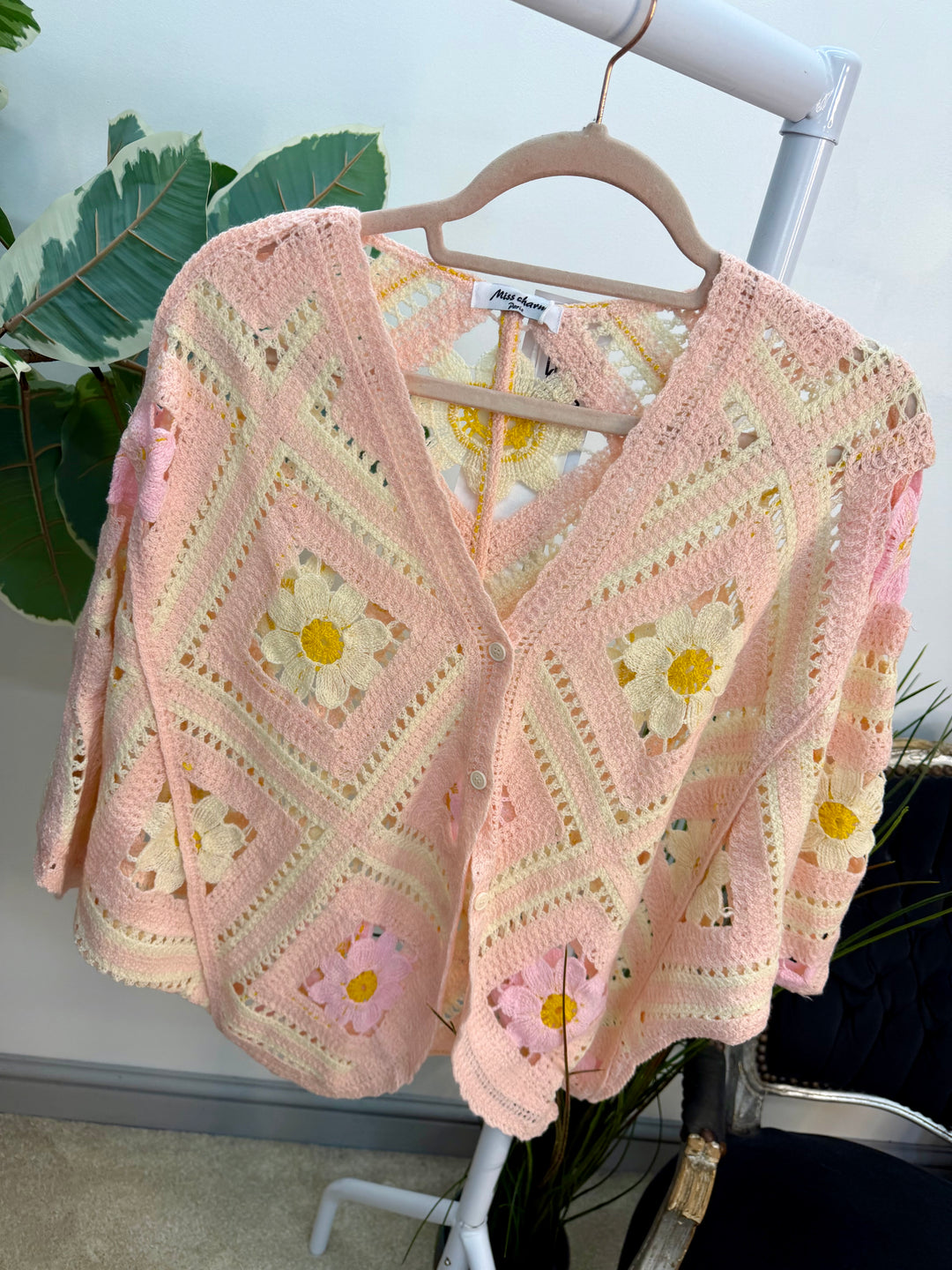 Ladies Fashion Crochet Shrug Cardigan - lemon, blue & pink