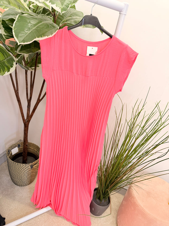 Ladies Fashion Pleated Maxi Dress - Black, Navy, Red, Lemon, Pink, Raspberry