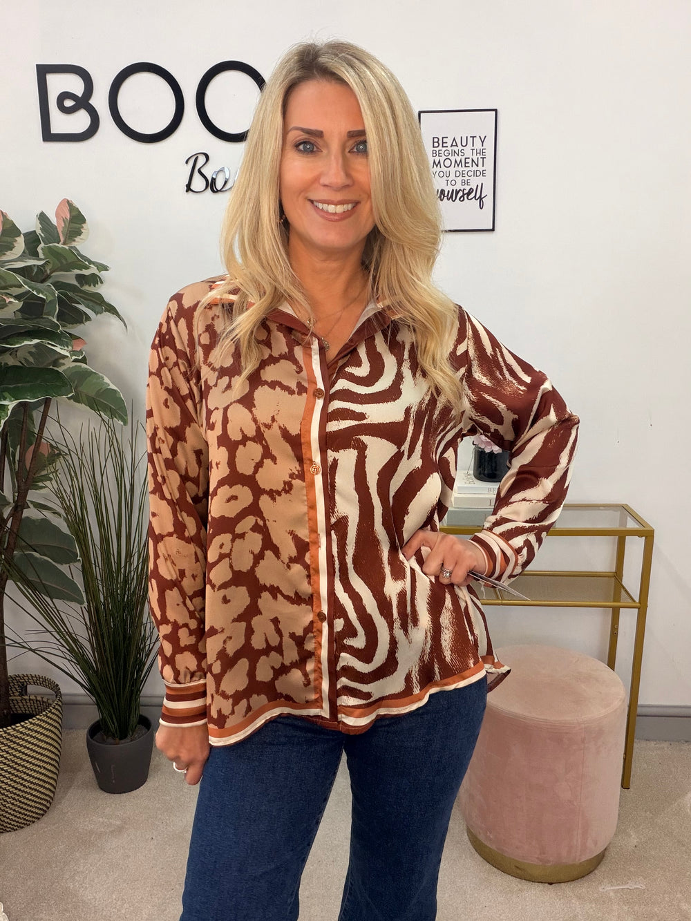 Womens Animal Leopard Print Satin Shirt Blouse - Navy, Burgundy & Camel