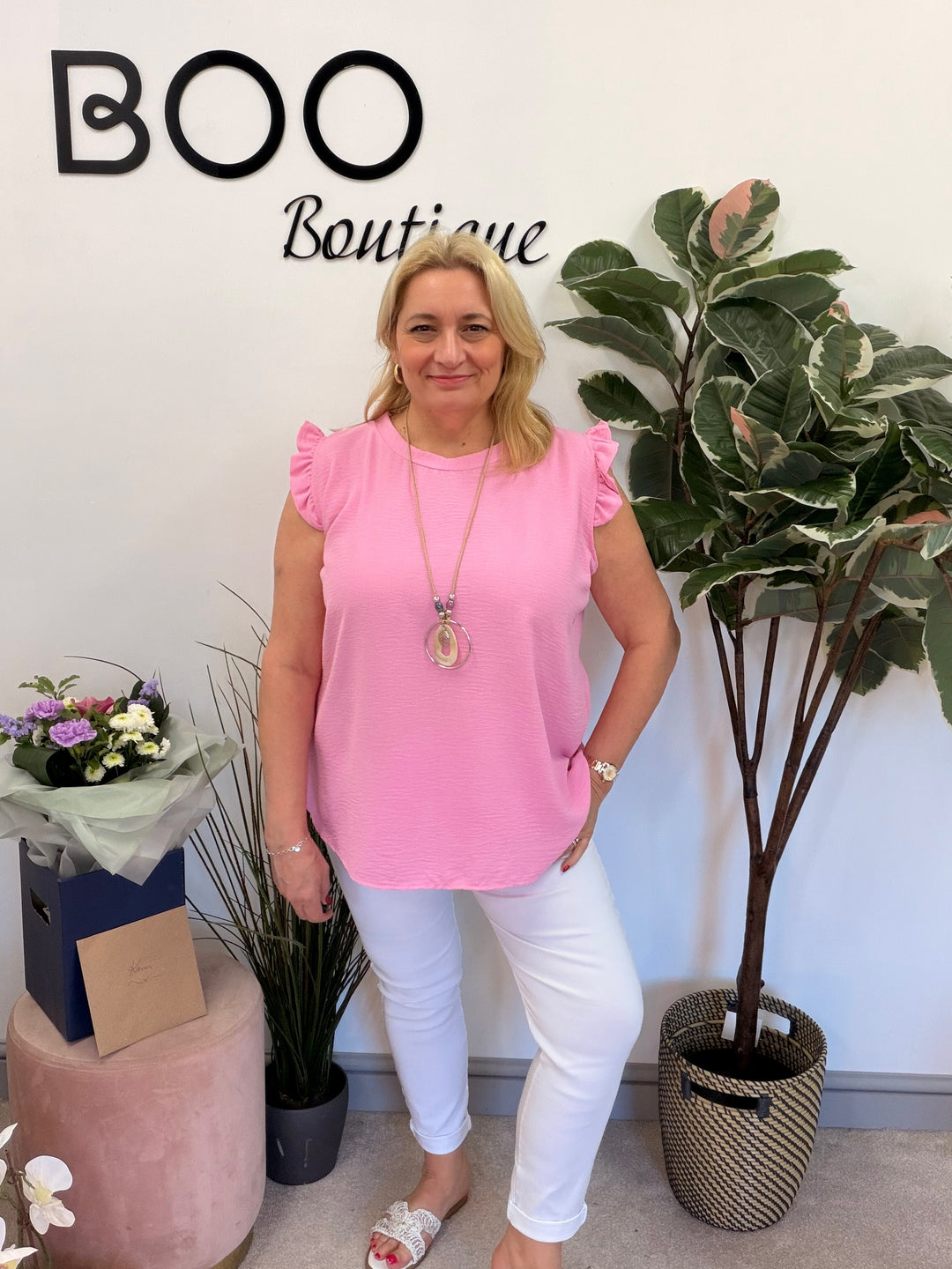 Ladies Fashion Frill Cap Sleeve Top candy pink