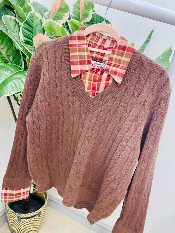 LADIES CABLE KNIT SHIRT JUMPER - CREAM & BROWN