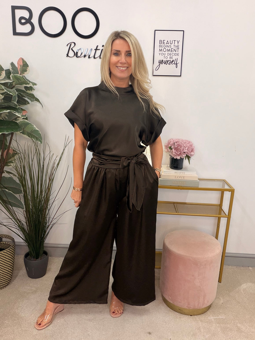 Womens Satin Trouser Suit Co Ord - Black, Red, Mink, Mustard, Brown