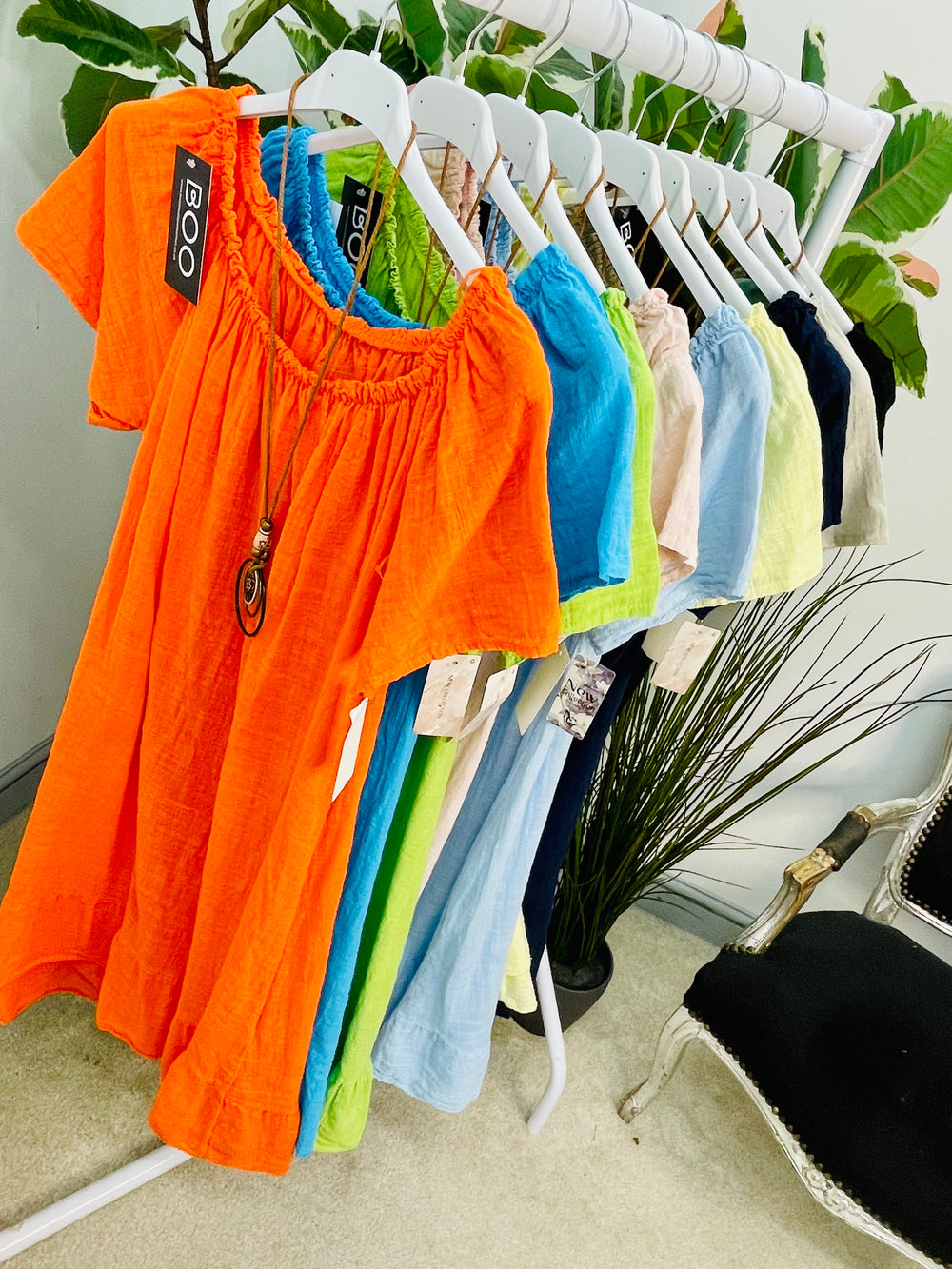 LADIES COTTON SUMMER BARDOT DRESS - BLACK, NAVY, PINK, LEMON, ORANGE, BLUE & LIME