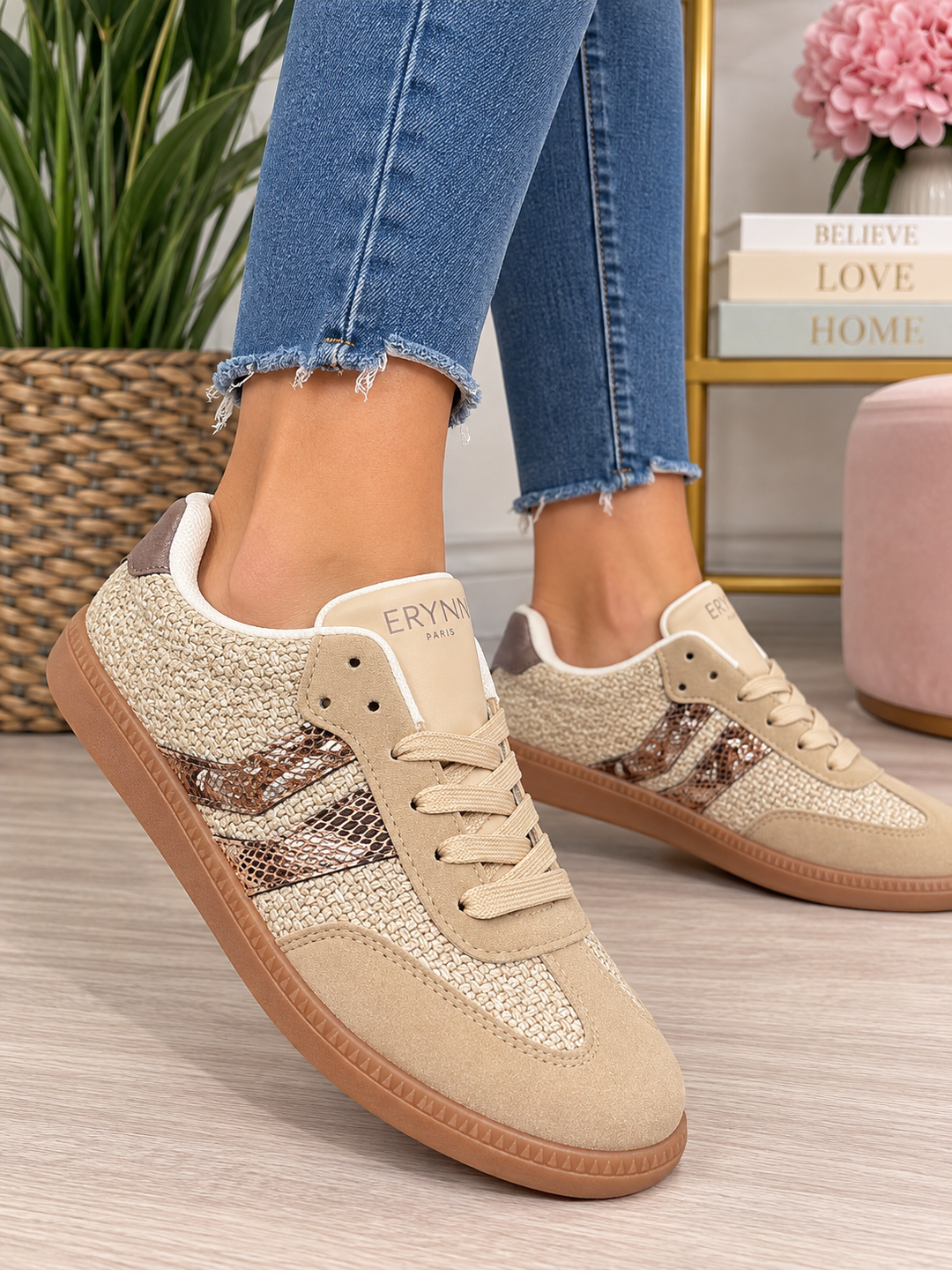 Ladies Fashion Beige Flat Inspired Stripe Trainers 