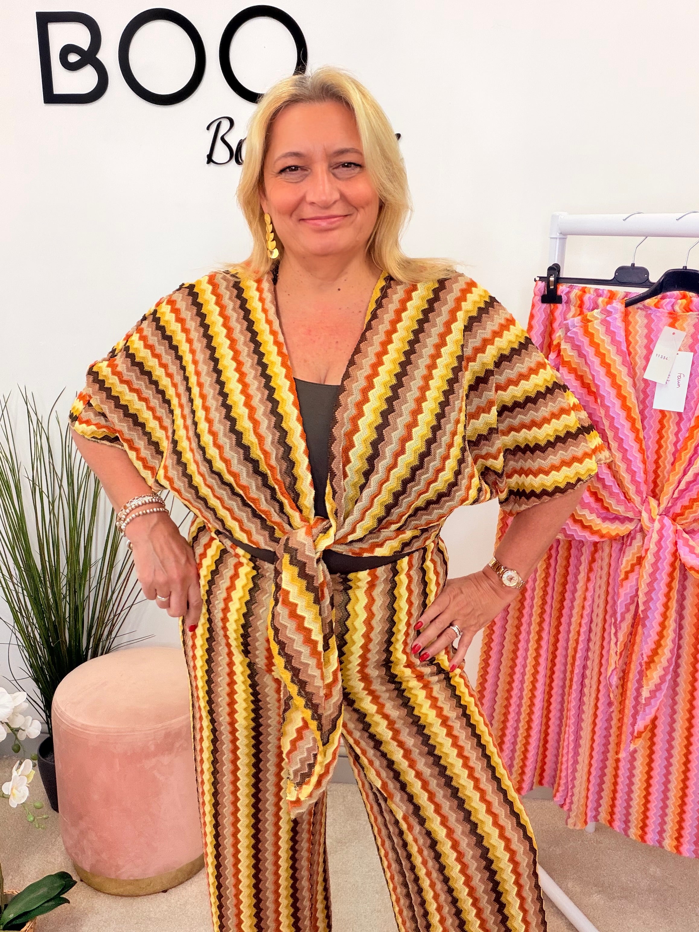 Ladies Fashion Zig Zag Print Wide Leg Trouser Co Ord Set - Orange and Pink