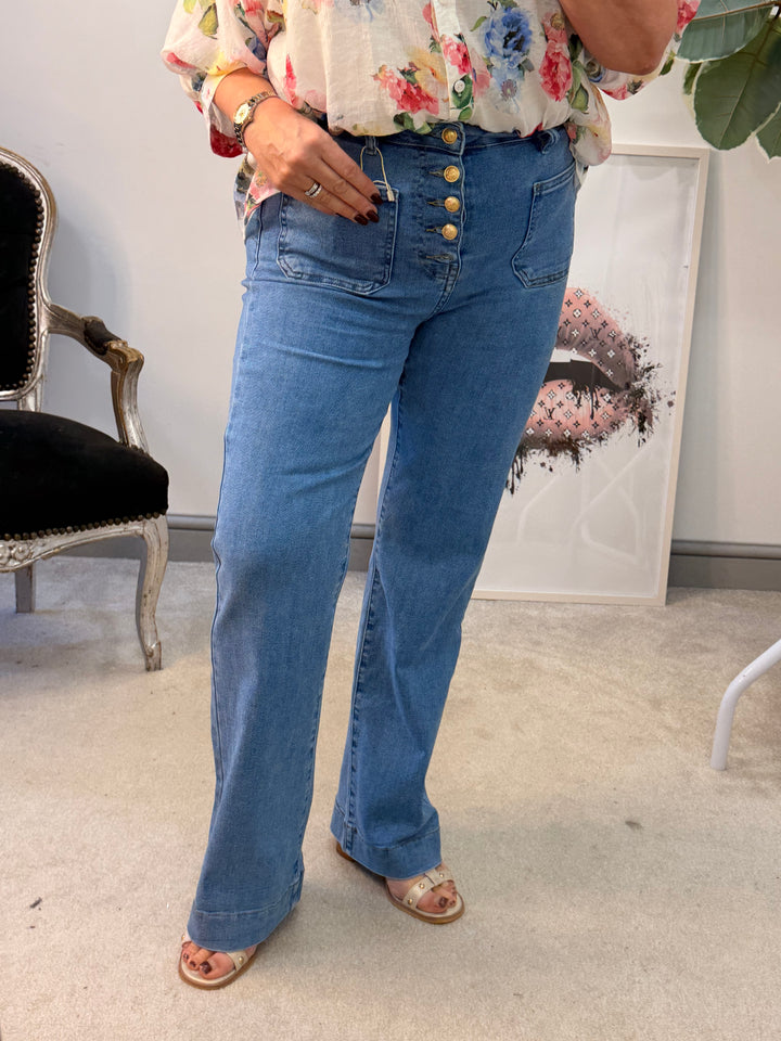 Ladies Fashion Blue Denim Straight Leg Jeans